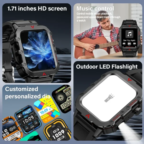 LAXASFIT Men Sports Smart Watch 1.71 Screen Blood Oxygen Bluetooth Talking Watch Multi Sport LED Flashlight Outdoor Smart Watch - Image 2
